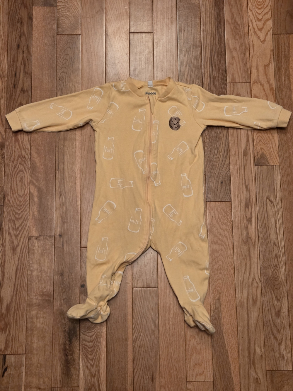 5/$20 Pekkle 9M Yellow Milk & Cookie Print Onsie Footed Sleeper Pajamas